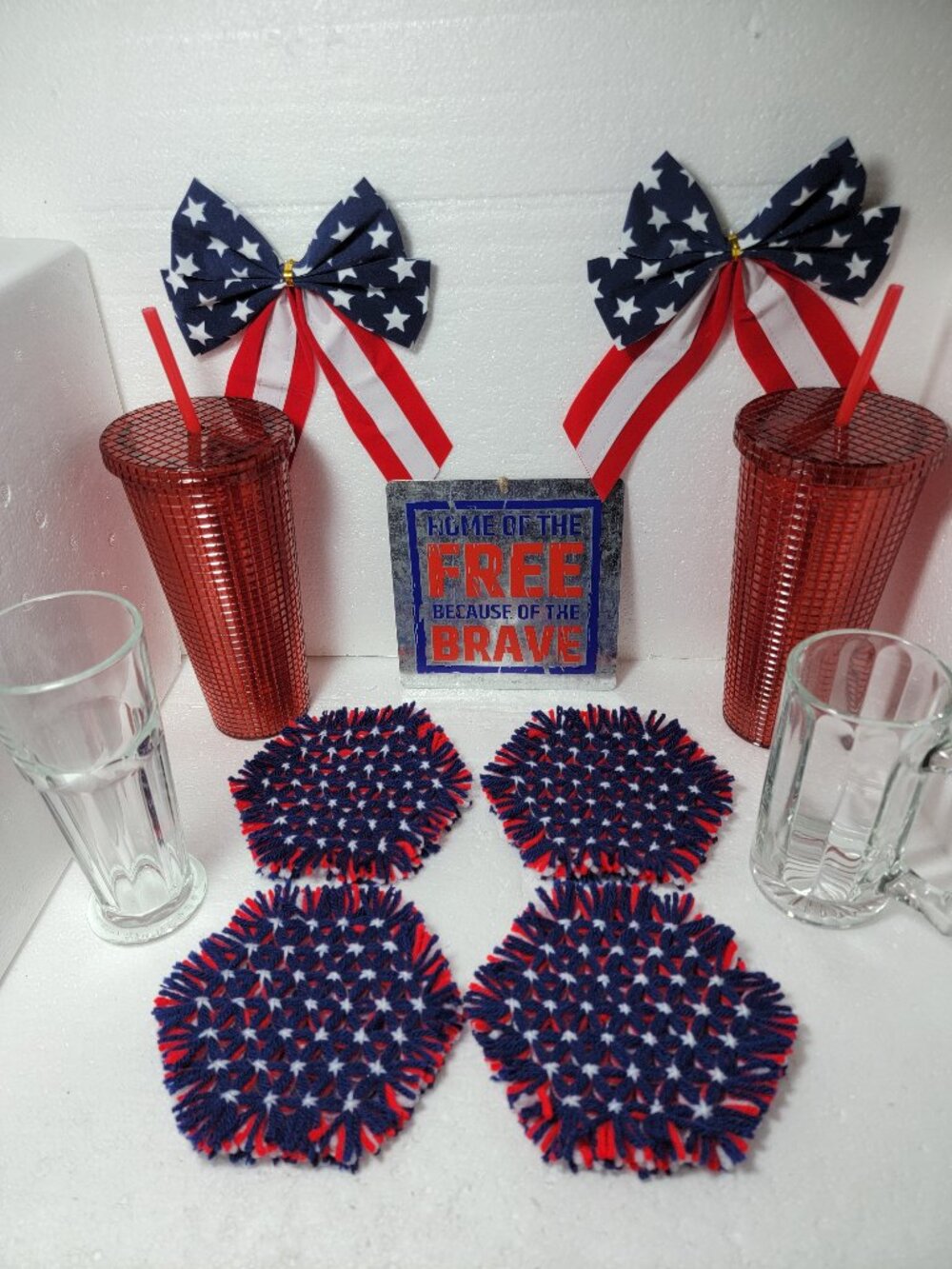 Handmade Woven Red White Blue Coasters or Trivets Set of 4